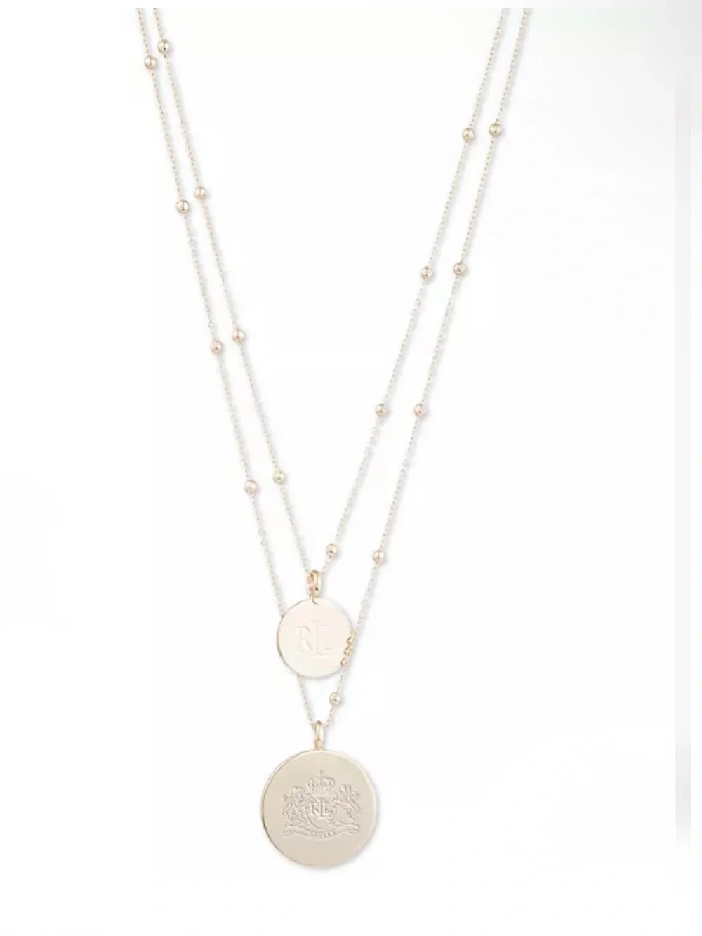 Lauren Ralph Lauren Silver Tone Engraved Logo Two-Row Pendant Necklace extender